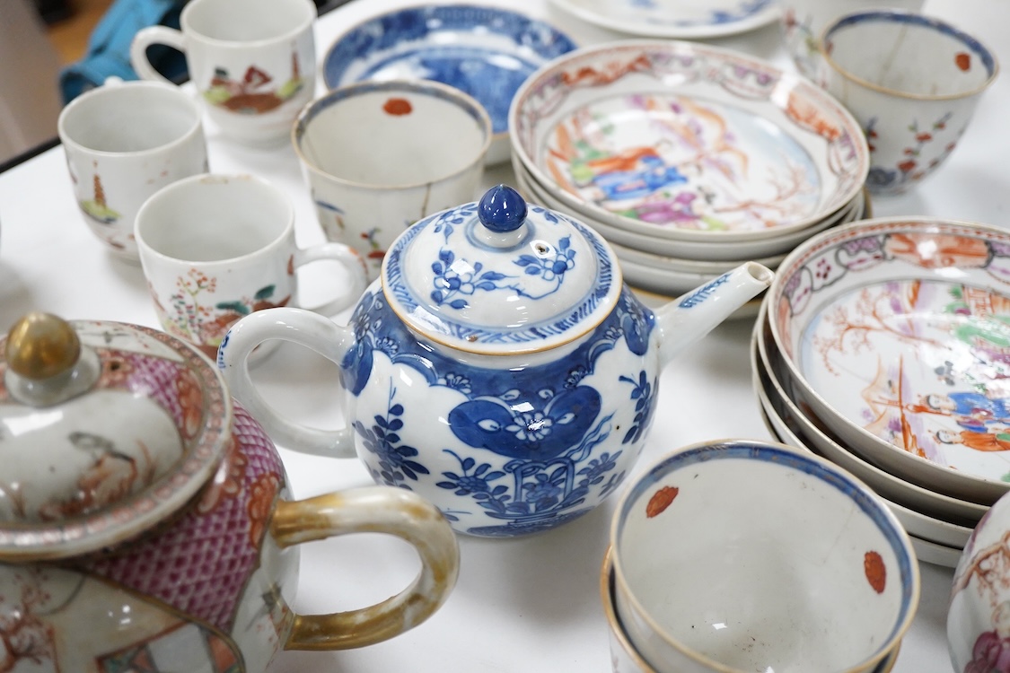 A group of 18th century Chinese export porcelain tea and coffee ware, including Mandarin pattern teapot and cover, two coffee cups and saucers, a blue and white teapot and cover various famille rose coffee cups, etc.